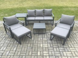 Rackhams Aluminium Outdoor Lounge Sofa Set Garden Furniture Sets with Square Coffee Table 2 Chairs 2 Big Footstools Side Table Dark Grey 7 Seater - thumbnail 2