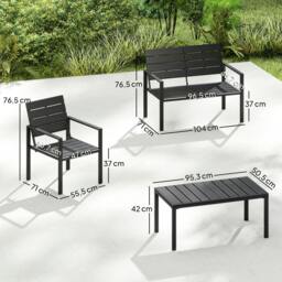 Rackhams 4 Piece Garden Furniture Set, HDPE Metal Outdoor Sofa, Black - HDPE, metal - Black - Loveseat, 2 armchairs, coffee table - thumbnail 3