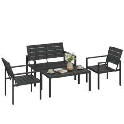 Rackhams 4 Piece Garden Furniture Set, HDPE Metal Outdoor Sofa, Black - HDPE, metal - Black - Loveseat, 2 armchairs, coffee table - thumbnail 2