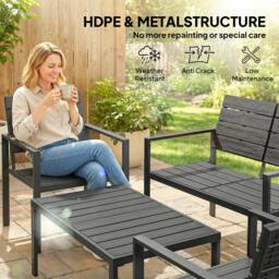 Rackhams 4 Piece Garden Furniture Set, HDPE Metal Outdoor Sofa, Black - HDPE, metal - Black - Loveseat, 2 armchairs, coffee table - thumbnail 4