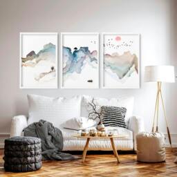 Rackhams Art prints set of 3 - Japanese Sunset art prints - A2 16.54 x 23.39 in / 42 x 59.4 cm - Satin Photo paper 280 gsm - Oak Frame - thumbnail 1