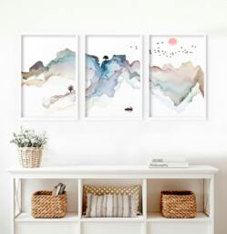 Rackhams Art prints set of 3 - Japanese Sunset art prints - A2 16.54 x 23.39 in / 42 x 59.4 cm - Satin Photo paper 280 gsm - Oak Frame - thumbnail 3