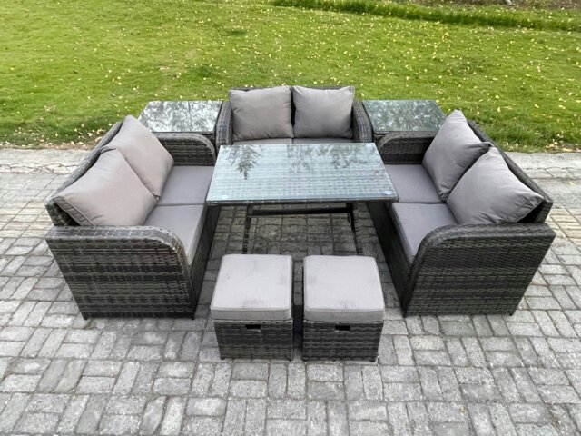 Rackhams Outdoor Rattan Garden Furniture Set 8 Seater Patio Love Sofa Set with Rectangular Dining Table 2 Small Footstools 2 Side Tables Dark Grey Mixed - image 1