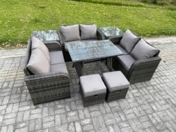 Rackhams Outdoor Rattan Garden Furniture Set 8 Seater Patio Love Sofa Set with Rectangular Dining Table 2 Small Footstools 2 Side Tables Dark Grey Mixed - thumbnail 2