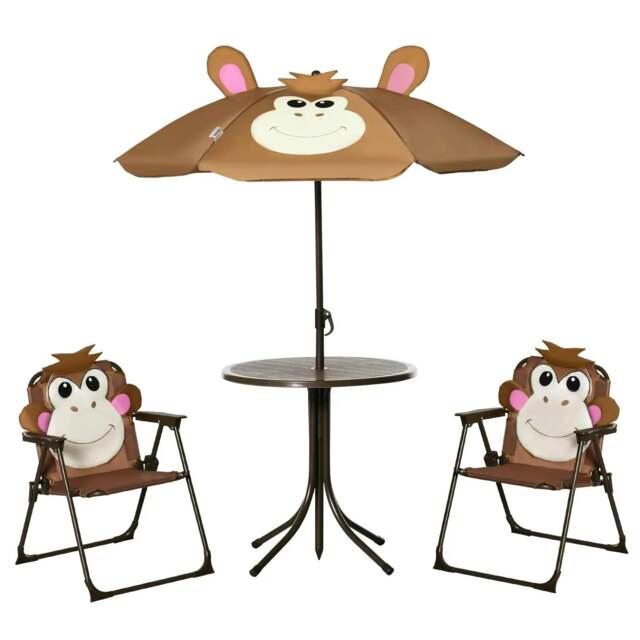 Rackhams Kids Bistro Table and Chair Set, Outdoor Folding Garden Furniture w/Monkey Design, Removable, Adjustable Sun Umbrella, Ages 3-6 Years - Brown - image 1