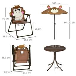 Rackhams Kids Bistro Table and Chair Set, Outdoor Folding Garden Furniture w/Monkey Design, Removable, Adjustable Sun Umbrella, Ages 3-6 Years - Brown - thumbnail 3