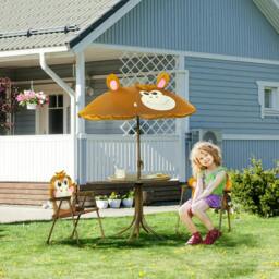 Rackhams Kids Bistro Table and Chair Set, Outdoor Folding Garden Furniture w/Monkey Design, Removable, Adjustable Sun Umbrella, Ages 3-6 Years - Brown - thumbnail 2