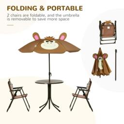 Rackhams Kids Bistro Table and Chair Set, Outdoor Folding Garden Furniture w/Monkey Design, Removable, Adjustable Sun Umbrella, Ages 3-6 Years - Brown - thumbnail 4