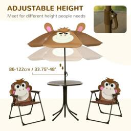 Rackhams Kids Bistro Table and Chair Set, Outdoor Folding Garden Furniture w/Monkey Design, Removable, Adjustable Sun Umbrella, Ages 3-6 Years - Brown - thumbnail 5