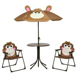 Rackhams Kids Bistro Table and Chair Set, Outdoor Folding Garden Furniture w/Monkey Design, Removable, Adjustable Sun Umbrella, Ages 3-6 Years - Brown - thumbnail 1