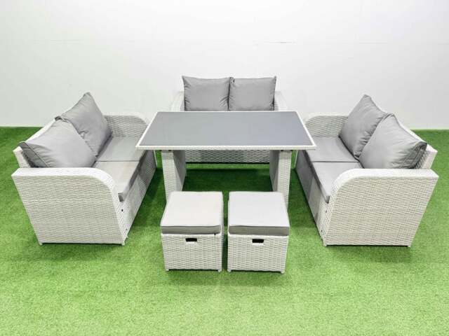 Rackhams 8 Seater Patio Garden Furniture Sets with Black Glass Top Dining Table Love Sofa 2 Small Stool Light Grey - image 1