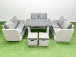 Rackhams 8 Seater Patio Garden Furniture Sets with Black Glass Top Dining Table Love Sofa 2 Small Stool Light Grey - thumbnail 1