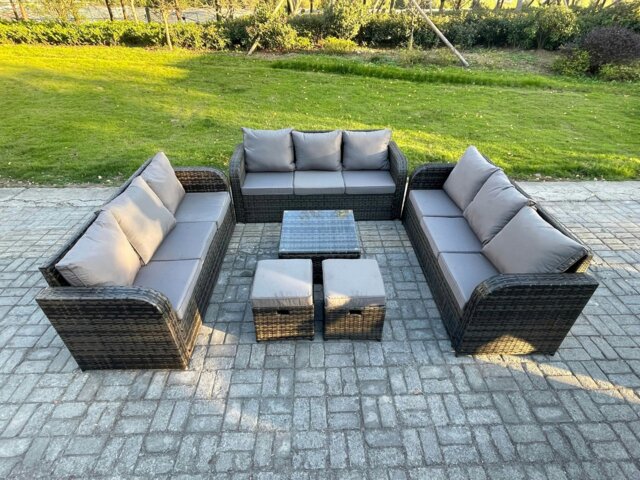 Rackhams 11 Seater Rattan Outdoor Furniture Set Patio Garden Sofa Set with Square Coffee Table 3 Seater Sofa Dark Grey Mixed - image 1