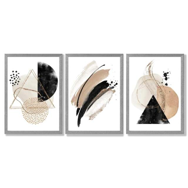 Rackhams Abstract Black Beige Set of 3 Watercolour Shapes Framed Wall Art - 50x70cm - Light Grey - image 1