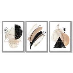 Rackhams Abstract Black Beige Set of 3 Watercolour Shapes Framed Wall Art - 50x70cm - Light Grey - thumbnail 1