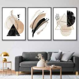 Rackhams Abstract Black Beige Set of 3 Watercolour Shapes Framed Wall Art - 50x70cm - Light Grey - thumbnail 2
