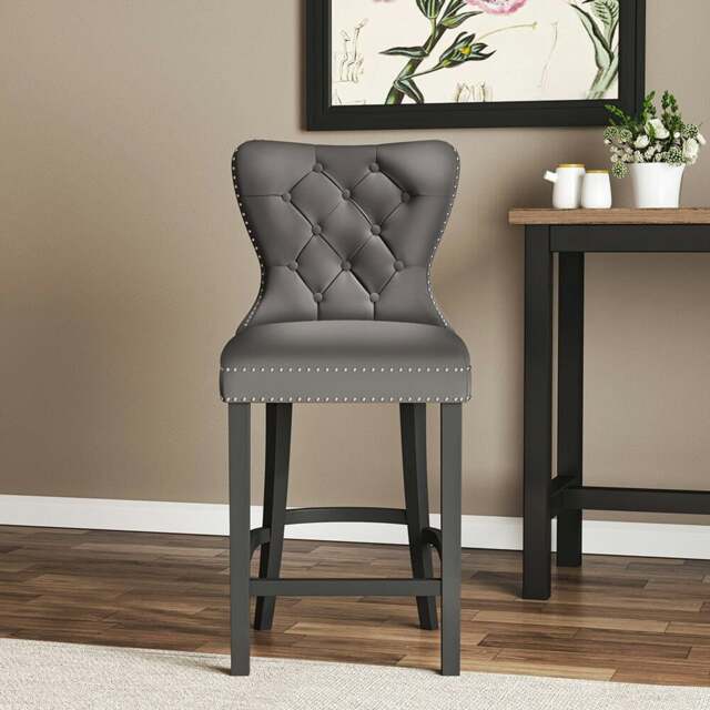 Rackhams Dining Bar Chairs Wooden Velvet Buttoned Bar Stool - 1 Chair - Grey - image 1