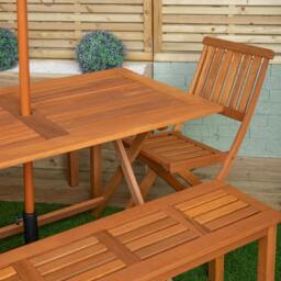 Rackhams Outdoor 6 Person Rectangular Wooden Garden Dining Table, 2 Benches, Chairs with Black Parasol and Base Set - Outdoor Furniture Sets - thumbnail 3