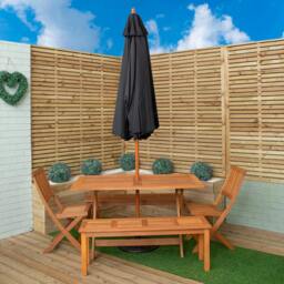 Rackhams Outdoor 6 Person Rectangular Wooden Garden Dining Table, 2 Benches, Chairs with Black Parasol and Base Set - Outdoor Furniture Sets - thumbnail 2