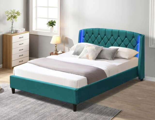 Rackhams Fabric Bedframe with LED Headboard Grey Green 3ft 4ft6 5ft Bedroom Furniture - Green - Double - image 1