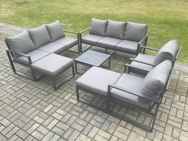 Rackhams Aluminium Patio Outdoor Garden Furniture Lounge Sofa Set with Square Coffee Table 2 Chairs 2 Big Footstools Dark Grey - image 1