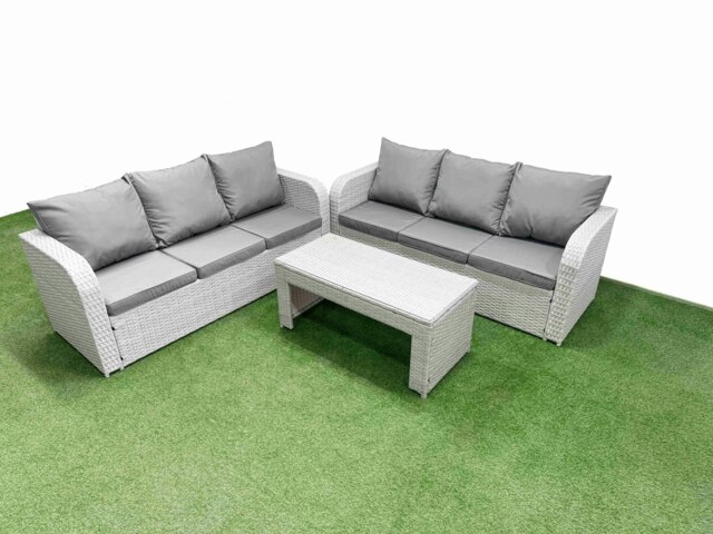 Rackhams Outdoor Garden Furniture Sets 6 Seater Wicker Rattan Furniture Sofa Sets with Oblong Coffee Table high Back Lounge Sofa Light Grey - image 1