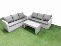 Rackhams Outdoor Garden Furniture Sets 6 Seater Wicker Rattan Furniture Sofa Sets with Oblong Coffee Table high Back Lounge Sofa Light Grey - thumbnail 1