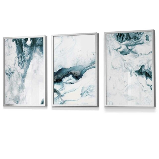 Rackhams Abstract Teal and White Set of 3 Framed Wall Art - 50x70cm - Silver - image 1