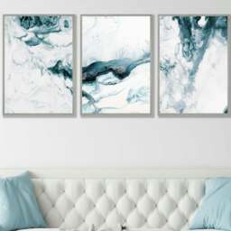 Rackhams Abstract Teal and White Set of 3 Framed Wall Art - 50x70cm - Silver - thumbnail 2