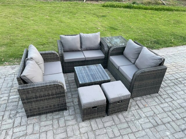 Rackhams Outdoor Garden Furniture Sets 8 Seater Wicker Rattan Furniture Sofa Sets with Square Coffee Table Love seat Sofa 2 Small Footstools Side Table - image 1