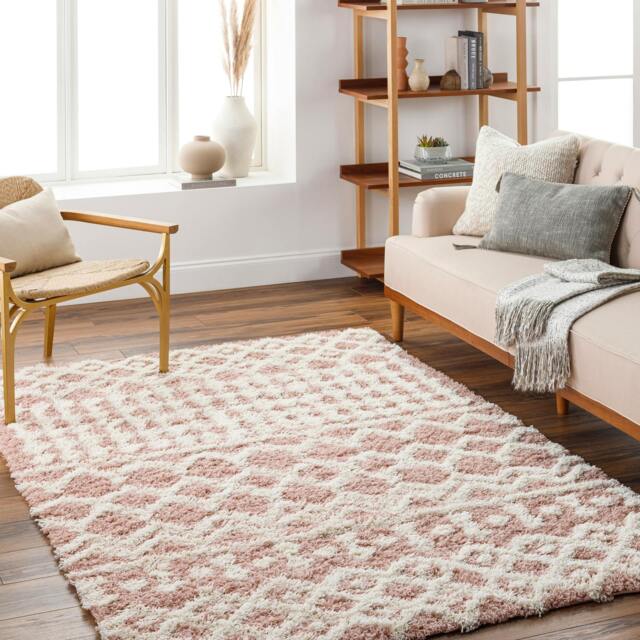 Rackhams Urban Shag-Geometric Pink White Soft Plush Pile Rug - 160 x 220 cm - image 1