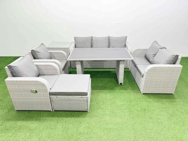 Rackhams 8 Seater Garden Furniture Set PE Ratten Garden Sofa Set with Rectangular Dining Table Big Stool Side Table Light Grey - image 1