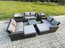 Rackhams Outdoor Lounge Sofa Set - Dark Grey Mixed PE Wicker Rattan Garden Furniture with Square Coffee Table & 2 Big Footstools - thumbnail 2