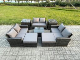 Rackhams Outdoor Lounge Sofa Set - Dark Grey Mixed PE Wicker Rattan Garden Furniture with Square Coffee Table & 2 Big Footstools - thumbnail 1