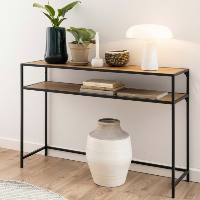 Rackhams Seaford Black Metal Console Table With Oak Top - image 1