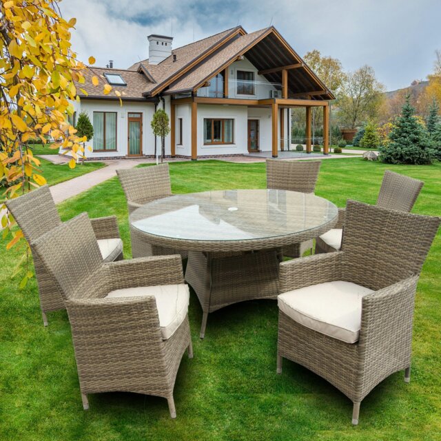Rackhams 7 PCS Aluminium Rattan Garden Furniture 4 Seat Set, 135CM Round Tempered Glass Dining Table + 6 Chairs Set Full Assembly - Nautral - image 1