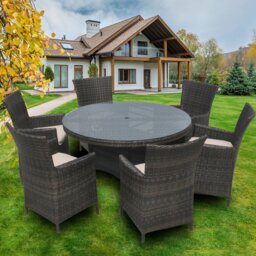 Rackhams 7 PCS Aluminium Rattan Garden Furniture 4 Seat Set, 135CM Round Tempered Glass Dining Table + 6 Chairs Set Full Assembly - Nautral - thumbnail 2