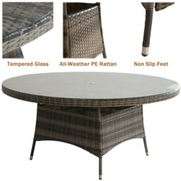 Rackhams 7 PCS Aluminium Rattan Garden Furniture 4 Seat Set, 135CM Round Tempered Glass Dining Table + 6 Chairs Set Full Assembly - Nautral - thumbnail 6