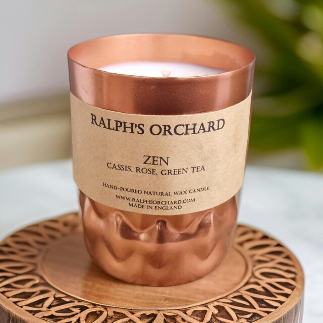 Rackhams Zen: Cassis, Rose, Green Tea Scented Candle - Tall Copper