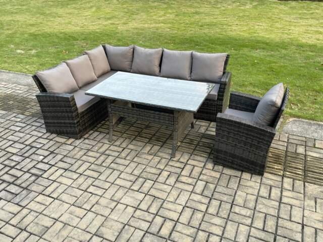 Rackhams 7 Seater Garden Rattan Furniture Corner Dining Set Indoor Outdoor Lounge Sofa Set Dark Grey Mixed - image 1