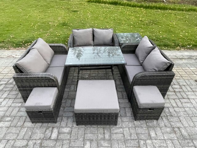Rackhams Outdoor Rattan Garden Furniture Set 9 Seater Patio Love Sofa Set with Rectangular Dining Table 3 Footstools Side Table Dark Grey Mixed - image 1