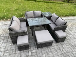 Rackhams Outdoor Rattan Garden Furniture Set 9 Seater Patio Love Sofa Set with Rectangular Dining Table 3 Footstools Side Table Dark Grey Mixed - thumbnail 2