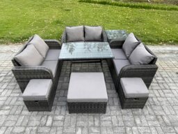 Rackhams Outdoor Rattan Garden Furniture Set 9 Seater Patio Love Sofa Set with Rectangular Dining Table 3 Footstools Side Table Dark Grey Mixed - thumbnail 1