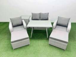Rackhams Light Grey PE Wicker Rattan Garden Furniture Set Sofa Set Reclining Chair Love Sofa Rectangular Dining Table 2 Big Stools Side Table - thumbnail 1