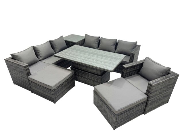 Rackhams 9 Seater Outdoor Corner Sofa Height Adjustable Rising Lifting Table Set Garden Rattan Furniture Set with Side Table 2 Big Stool Dark Grey - image 1