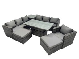 Rackhams 9 Seater Outdoor Corner Sofa Height Adjustable Rising Lifting Table Set Garden Rattan Furniture Set with Side Table 2 Big Stool Dark Grey - thumbnail 1