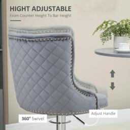 Rackhams Bar Stools Set of 2, Modern Swivel & Adjustable Velvet Barstools with Button Tufted Back, Footrest, Nailhead Trim for Home Bar, Grey - thumbnail 5