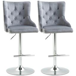 Rackhams Bar Stools Set of 2, Modern Swivel & Adjustable Velvet Barstools with Button Tufted Back, Footrest, Nailhead Trim for Home Bar, Grey - thumbnail 1