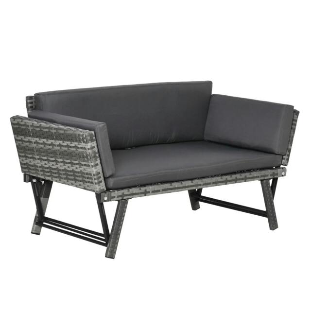 Rackhams 2 Seater Rattan Sofa with Cushions, 2-in-1 PE Rattan Daybed Sofa with Left Up or Down Armrests, Garden Chaise Lounger Loveseat, Mixed Grey - image 1