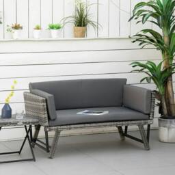 Rackhams 2 Seater Rattan Sofa with Cushions, 2-in-1 PE Rattan Daybed Sofa with Left Up or Down Armrests, Garden Chaise Lounger Loveseat, Mixed Grey - thumbnail 2